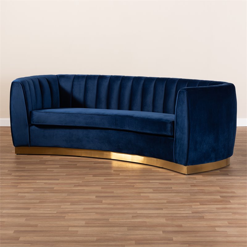 Baxton Studio Milena Upholstered Velvet and Wood Sofa in Royal Blue and Gold