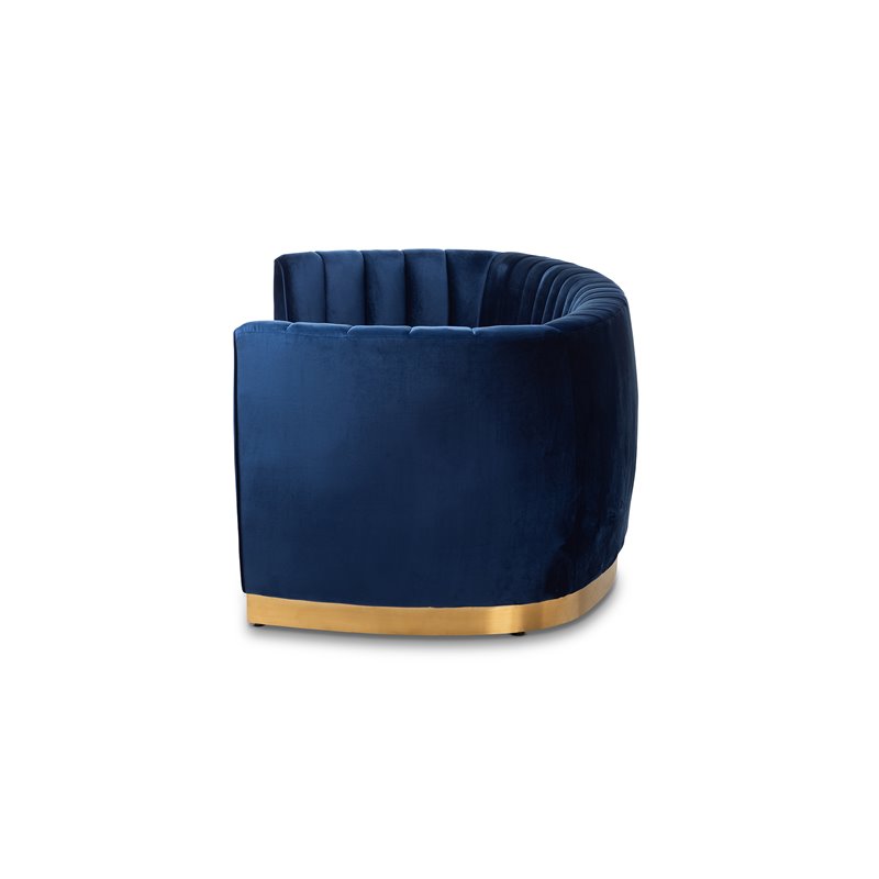 Baxton Studio Milena Upholstered Velvet and Wood Sofa in Royal Blue and Gold