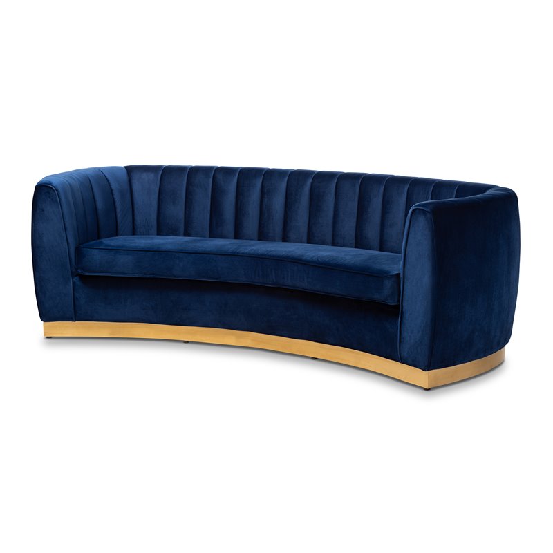 Baxton Studio Milena Upholstered Velvet and Wood Sofa in Royal Blue and Gold