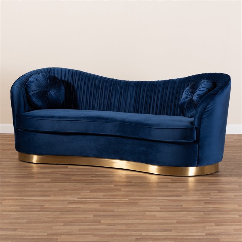 Baxton Studio Nevena Upholstered Velvet and Wood Sofa in Royal Blue and