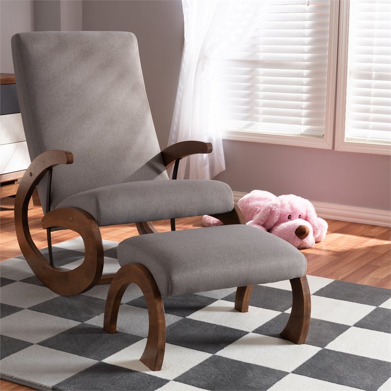 Baxton Studio Kaira Fabric and Wood Rocking Chair with Ottoman in Gray