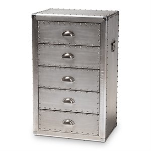 baxton studio davet mid-century 5-drawer metal accent chest in silver