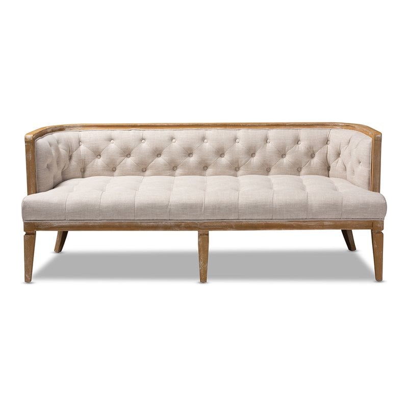 Baxton Studio Agnes Tufted Linen Fabric and White-Washed Oak Wood Sofa in Beige