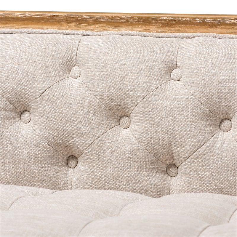 Baxton Studio Agnes Tufted Linen Fabric and White-Washed Oak Wood Sofa in Beige