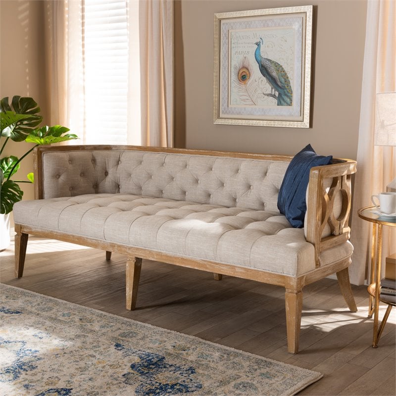 Baxton Studio Agnes Tufted Linen Fabric and White-Washed Oak Wood Sofa in Beige