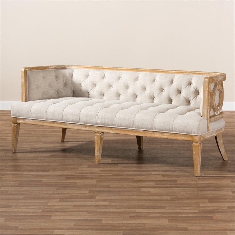 Baxton Studio Agnes Tufted Linen Fabric and White-Washed Oak Wood Sofa in Beige
