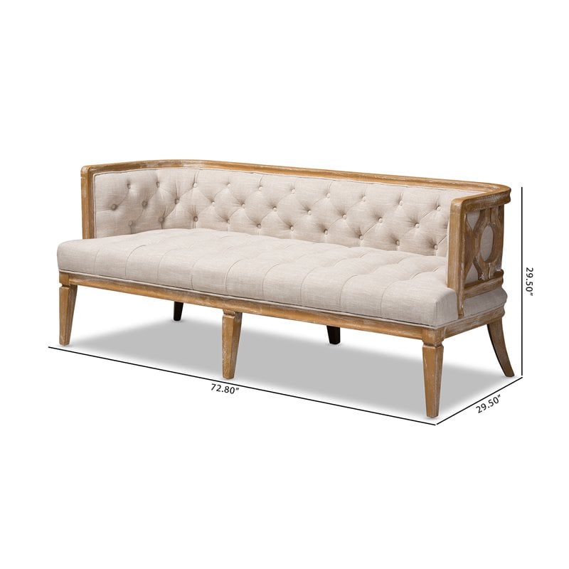 Baxton Studio Agnes Tufted Linen Fabric and White-Washed Oak Wood Sofa in Beige