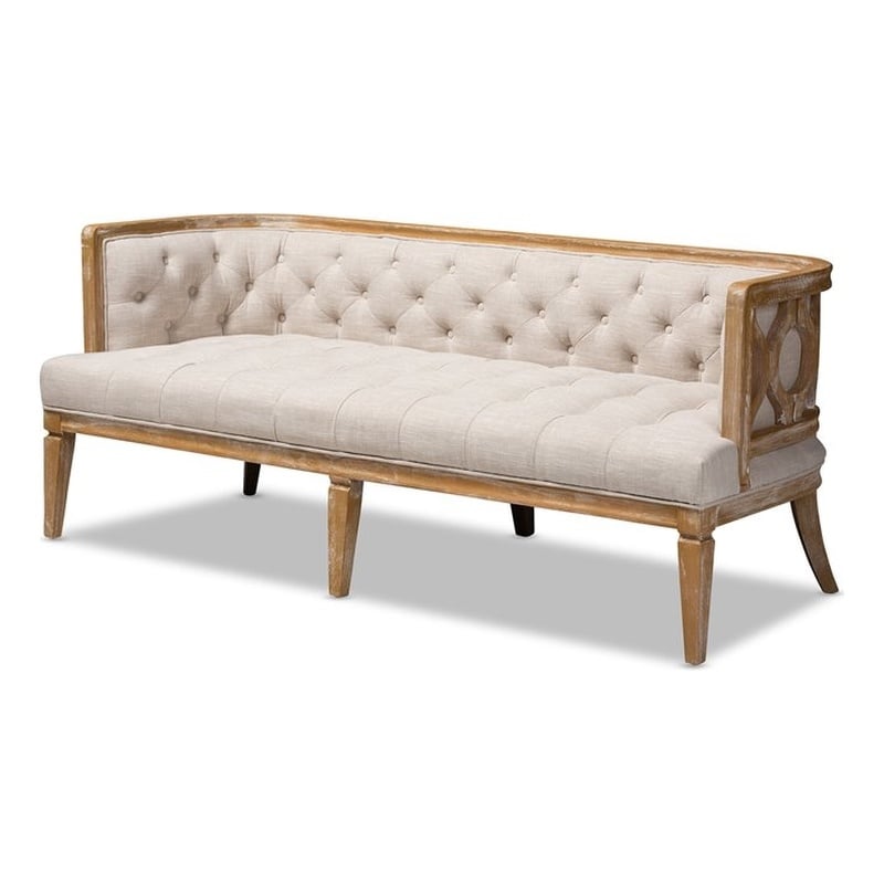 Baxton Studio Agnes Tufted Linen Fabric and White-Washed Oak Wood Sofa in Beige