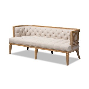 baxton studio agnes tufted linen fabric and white-washed oak wood sofa in beige