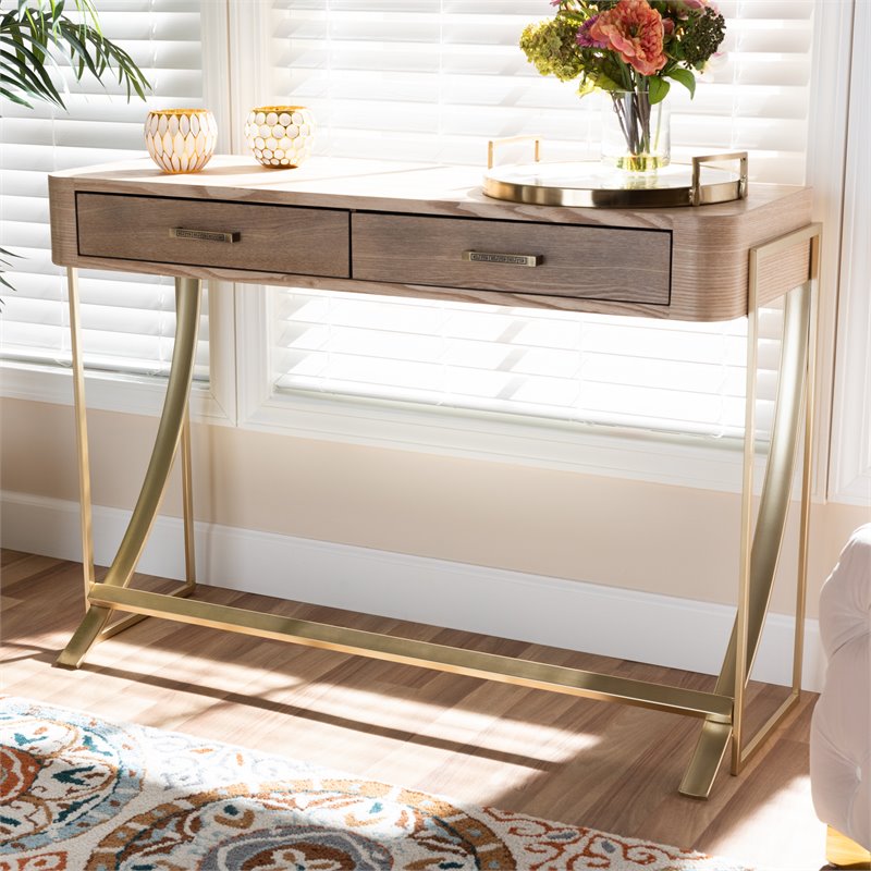 Baxton Studio Lafoy Mid-Century 2-Drawer Wood Console Table in Brown and Gold