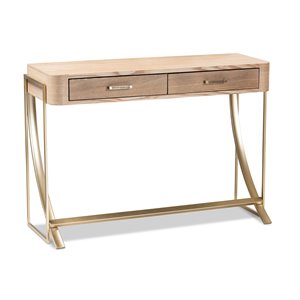 baxton studio lafoy mid-century 2-drawer wood console table in brown and gold