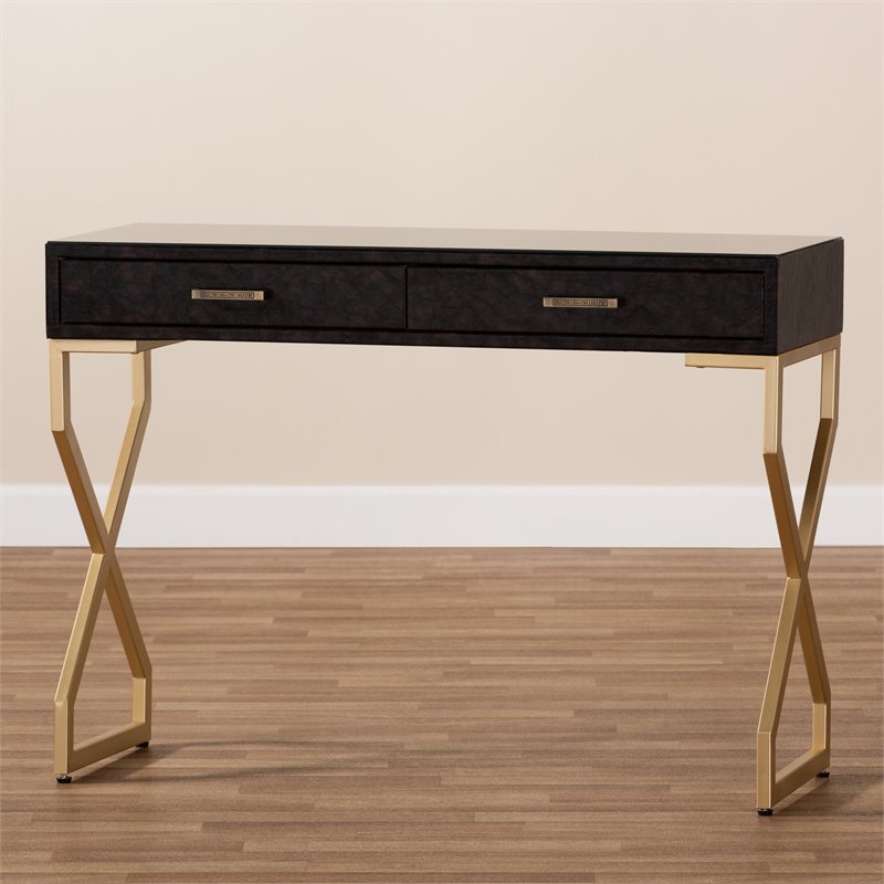 Baxton Studio Carville Modern 2-Drawer Wood Console Table in Dark Brown and Gold