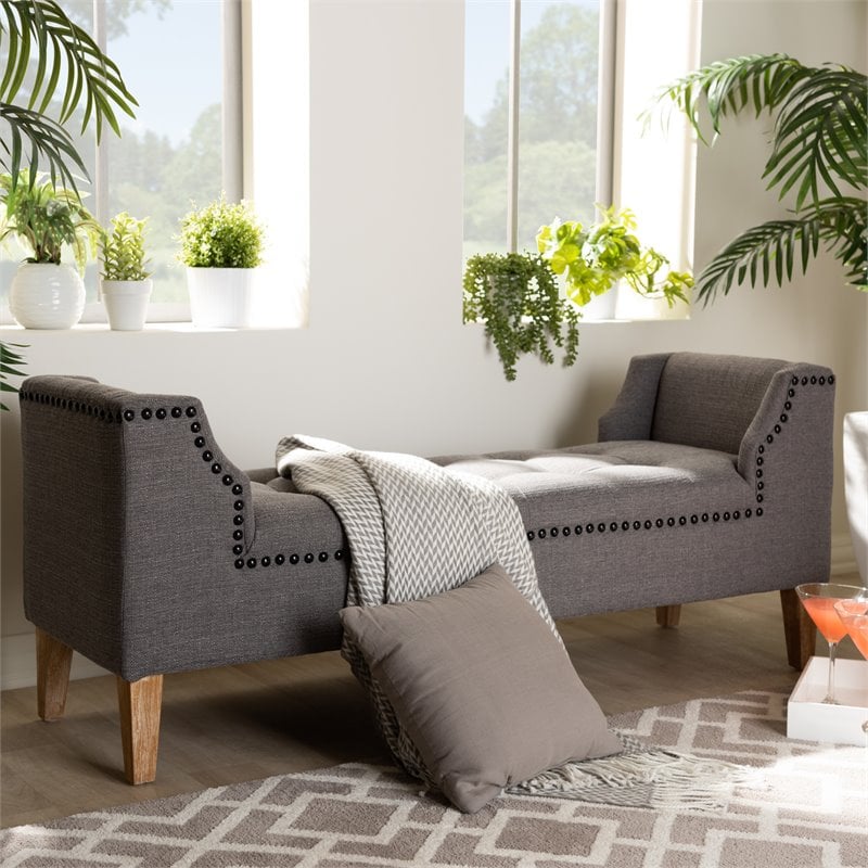 Baxton Studio Perret Tufted Linen Fabric and Wood Bench in Gray