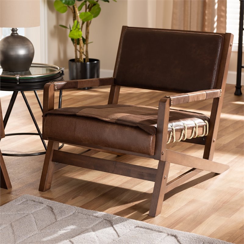 Baxton Studio Rovelyn Faux Leather Walnut Wood Accent Chair in Brown