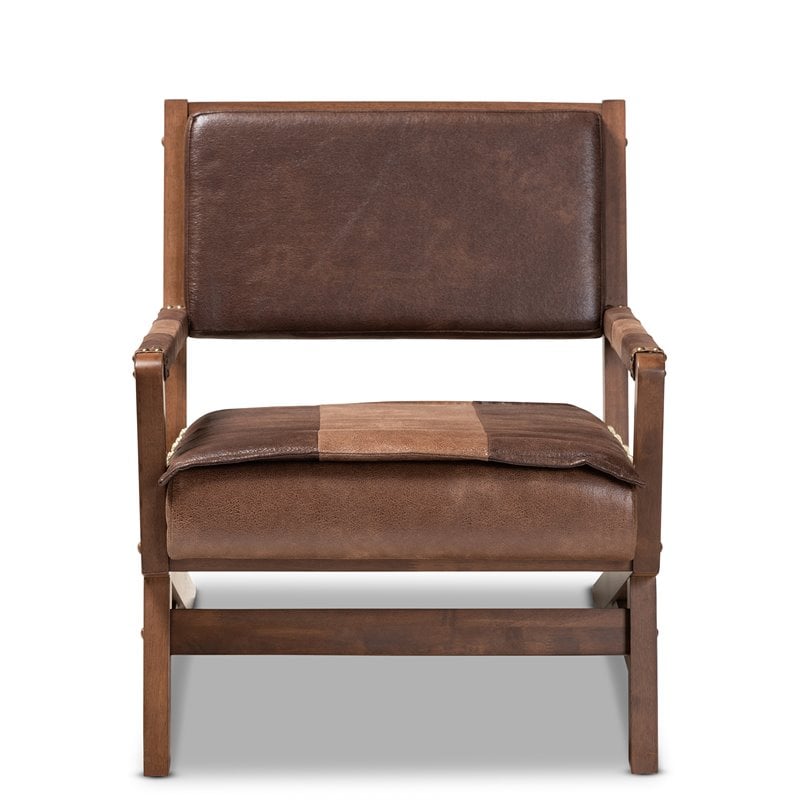 Baxton Studio Rovelyn Faux Leather Walnut Wood Accent Chair in Brown