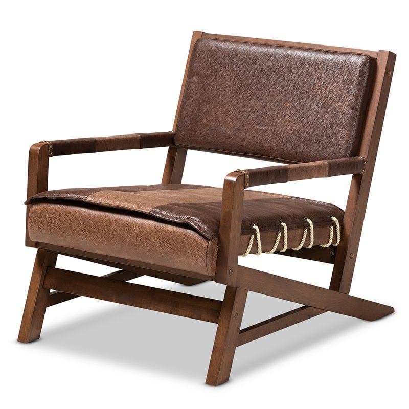 Baxton Studio Rovelyn Faux Leather Walnut Wood Accent Chair in Brown