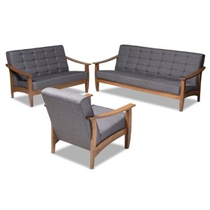 Baxton Studio Larsen Gray Fabric Walnut Wood 3-Piece Living Room Set