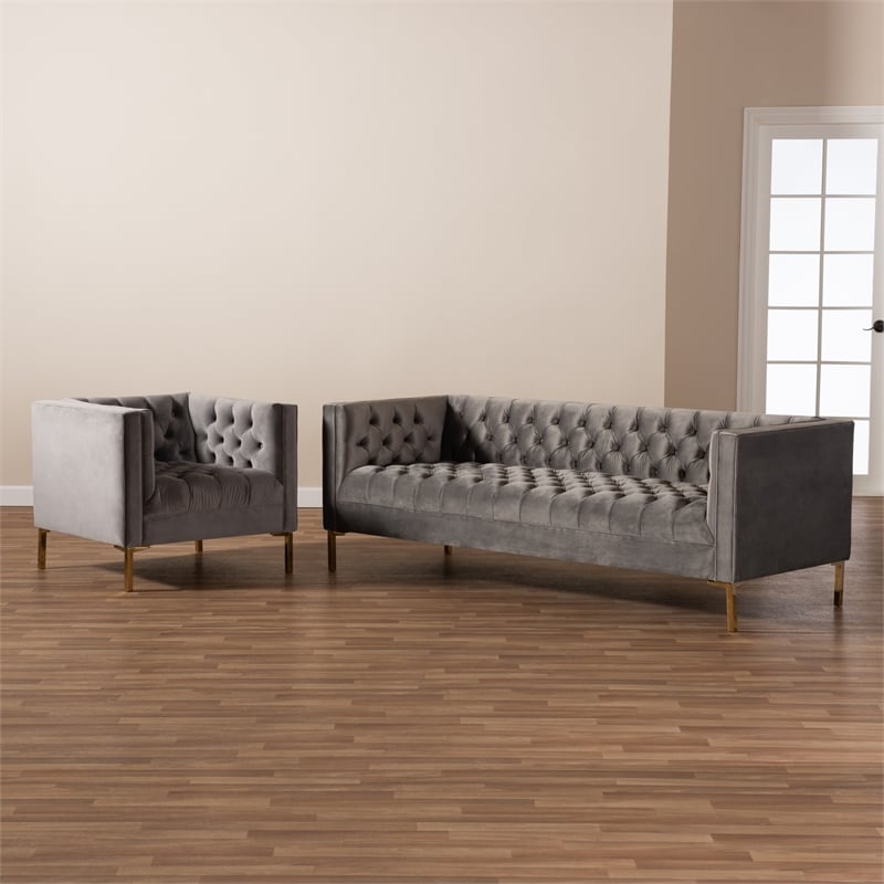 Baxton Studio Zanetta Gray Velvet  2-Piece Sofa and Lounge Chair Set