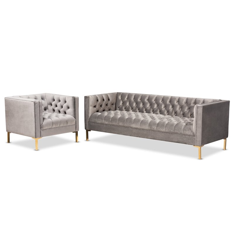 Baxton Studio Zanetta Gray Velvet  2-Piece Sofa and Lounge Chair Set