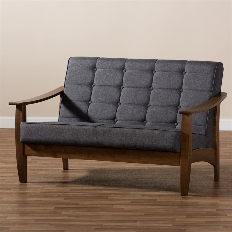 Baxton Studio Larsen Tufted Fabric and Wood Loveseat in Gray and Walnut Brown