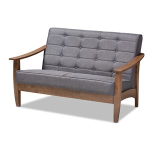 baxton studio larsen tufted fabric and wood loveseat in gray and walnut brown
