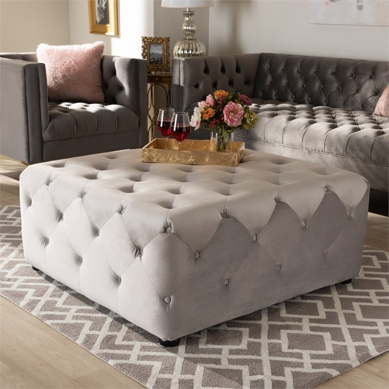 Baxton Studio Calvetti Modern Tufted Velvet Coffee Table Ottoman in Slate Gray