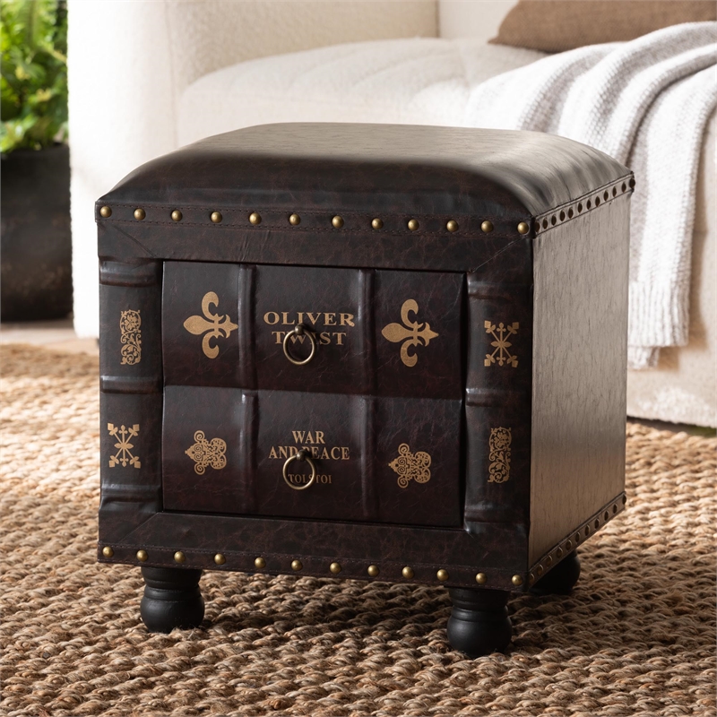 Baxton Studio Charlier Faux Leather and Wood Ottoman with Storage in Dark Brown
