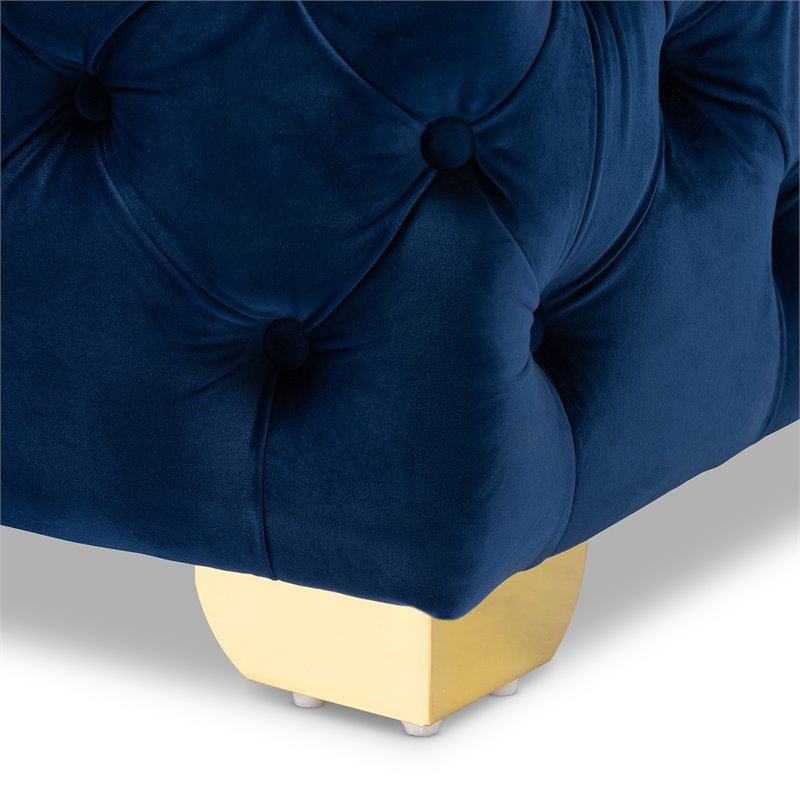 Baxton Studio Avara Modern Tufted Velvet Ottoman in Royal Blue and Gold