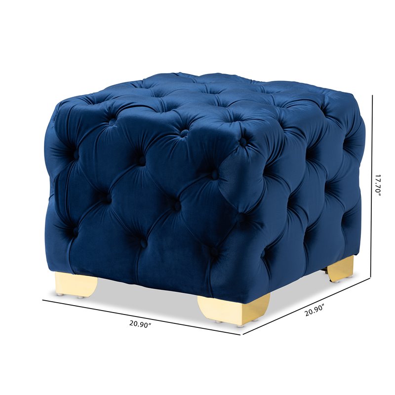 Baxton Studio Avara Modern Tufted Velvet Ottoman in Royal Blue and Gold