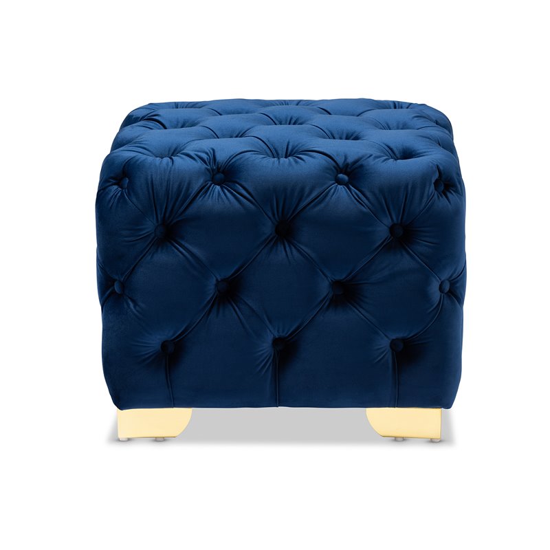 Baxton Studio Avara Modern Tufted Velvet Ottoman in Royal Blue and Gold
