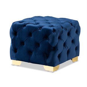 Baxton Studio Avara Modern Tufted Velvet Ottoman in Royal Blue and Gold