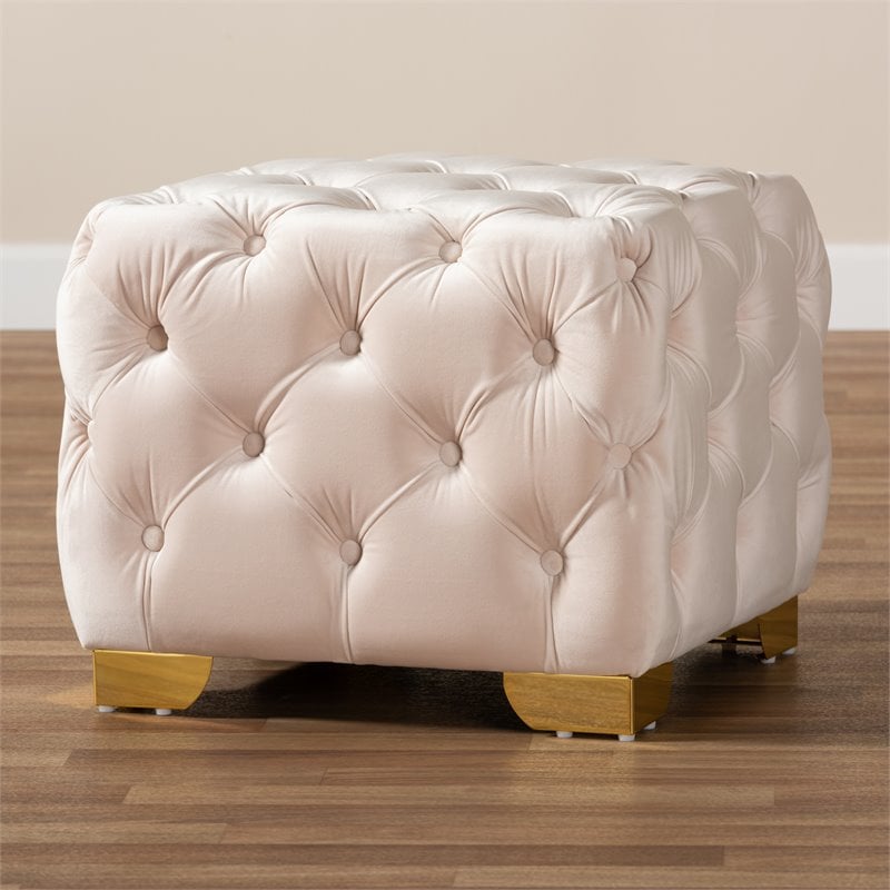 Baxton Studio Avara Modern Tufted Velvet Ottoman in Light Beige and Gold