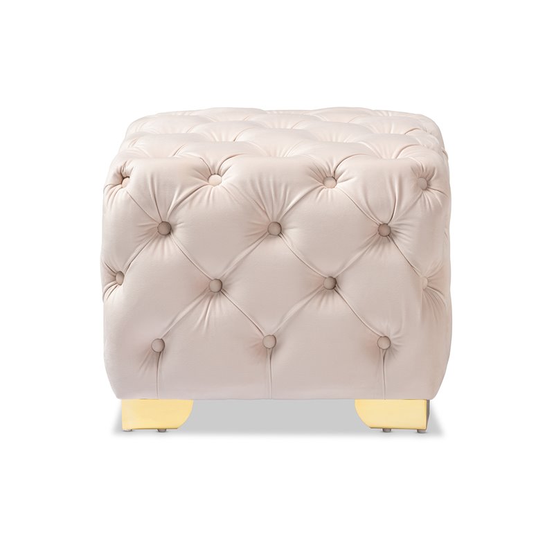 Baxton Studio Avara Modern Tufted Velvet Ottoman in Light Beige and Gold