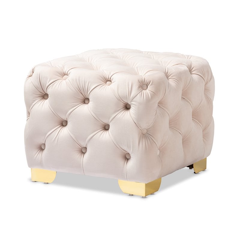 Baxton Studio Avara Modern Tufted Velvet Ottoman in Light Beige and Gold