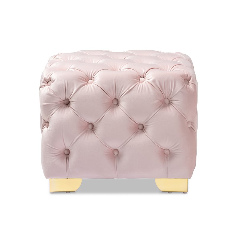 Baxton Studio Avara Modern Tufted Velvet Ottoman in Light Pink and Gold