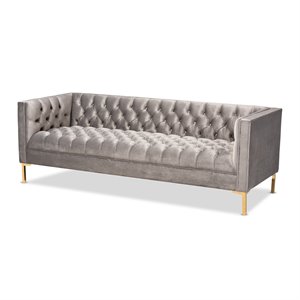 Baxton Studio Zanetta Tufted Velvet and Wood Sofa in Gray and Gold
