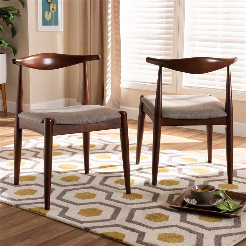 Set of 2 Baxton Studio Amato Gray Fabric and Walnut Wood Dining Chairs