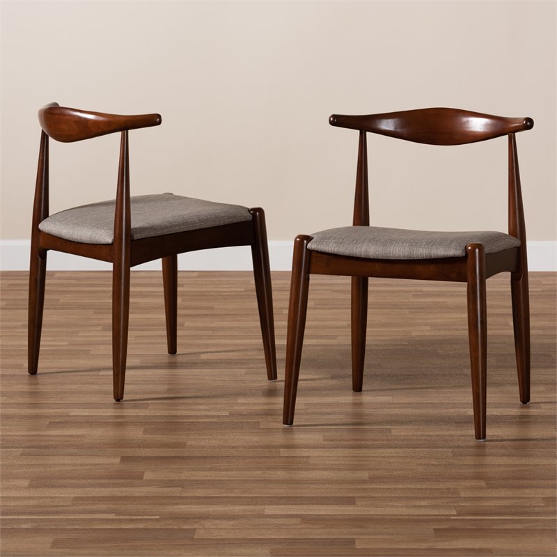 Set of 2 Baxton Studio Amato Gray Fabric and Walnut Wood Dining Chairs