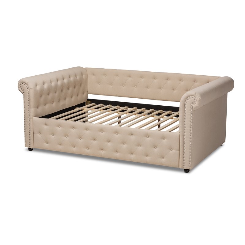 Baxton Studio Mabelle Mid-Century Tufted Fabric and Wood Queen Daybed in Beige