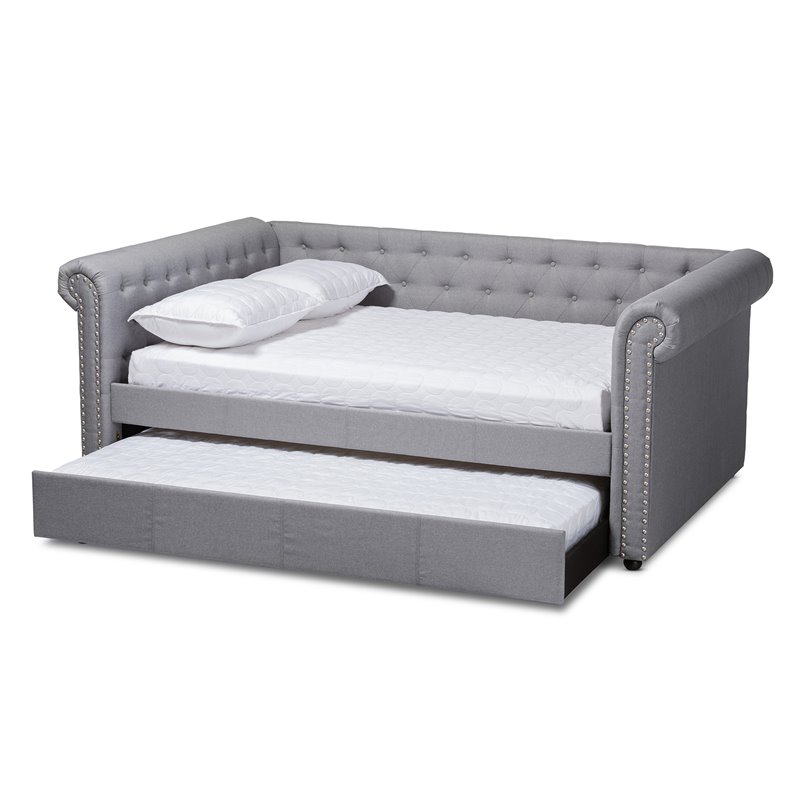 Baxton Studio Mabelle Tufted Fabric and Wood Full Daybed with Trundle in Gray