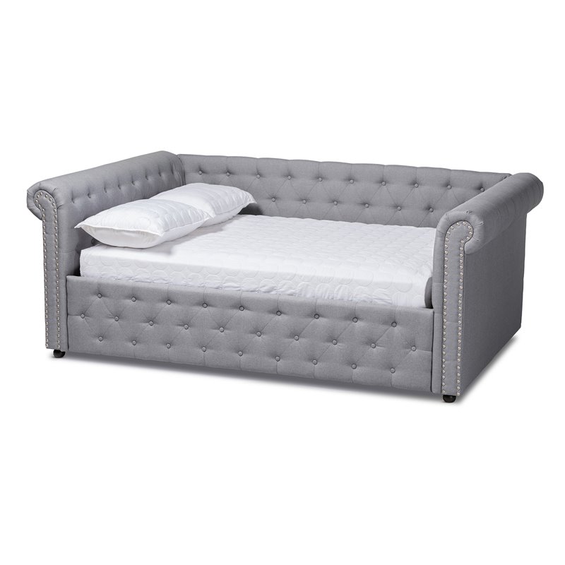 Baxton Studio Mabelle Mid-Century Tufted Fabric and Wood Queen Daybed in Gray