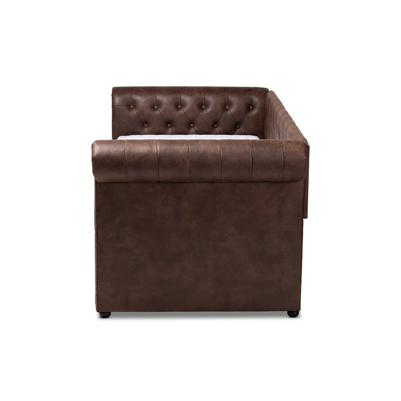 Baxton Studio Mabelle Faux Leather and Wood Twin Daybed with Trundle in Brown
