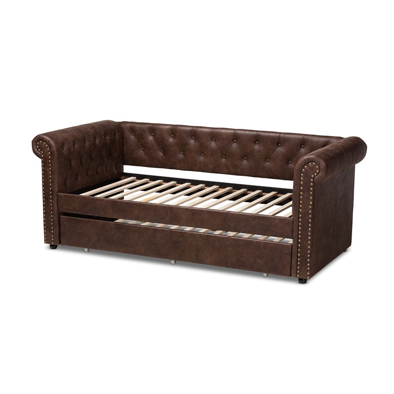 Baxton Studio Mabelle Faux Leather and Wood Twin Daybed with Trundle in Brown
