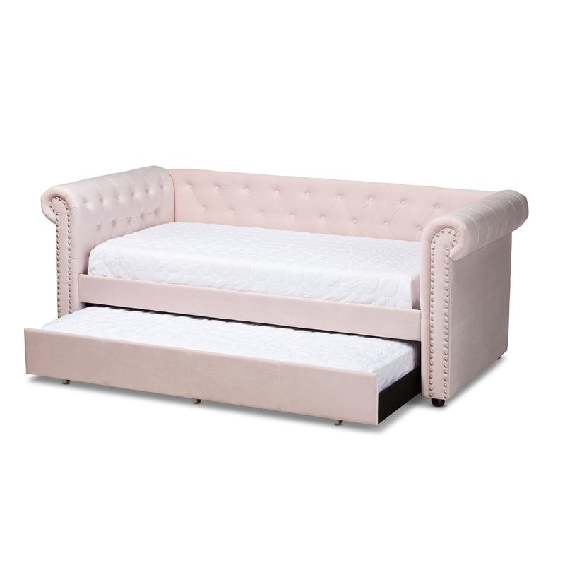 Baxton Studio Mabelle Velvet and Wood Twin Daybed with Trundle in Light Pink