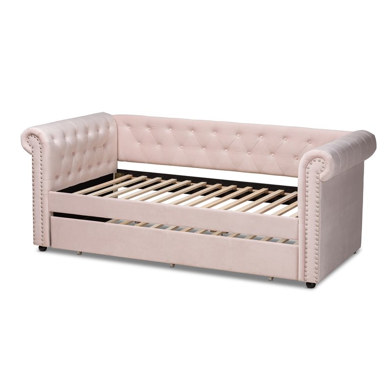 Baxton Studio Mabelle Velvet and Wood Twin Daybed with Trundle in Light Pink