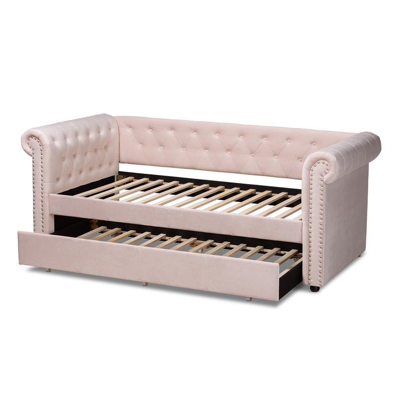Baxton Studio Mabelle Velvet and Wood Twin Daybed with Trundle in Light Pink