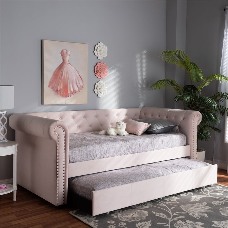 Baxton Studio Mabelle Velvet and Wood Twin Daybed with Trundle in Light Pink