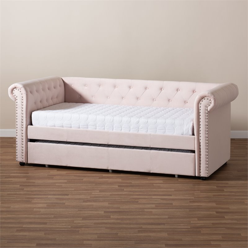 Baxton Studio Mabelle Velvet and Wood Twin Daybed with Trundle in Light Pink
