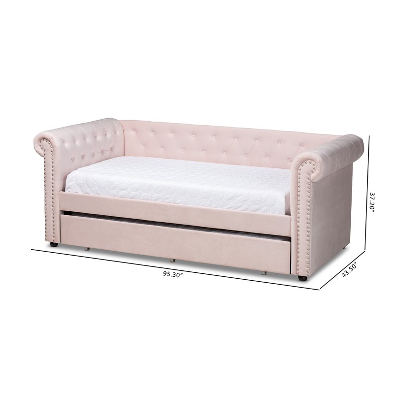 Baxton Studio Mabelle Velvet and Wood Twin Daybed with Trundle in Light Pink
