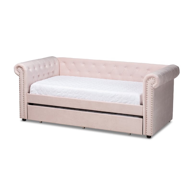 Baxton Studio Mabelle Velvet and Wood Twin Daybed with Trundle in Light Pink